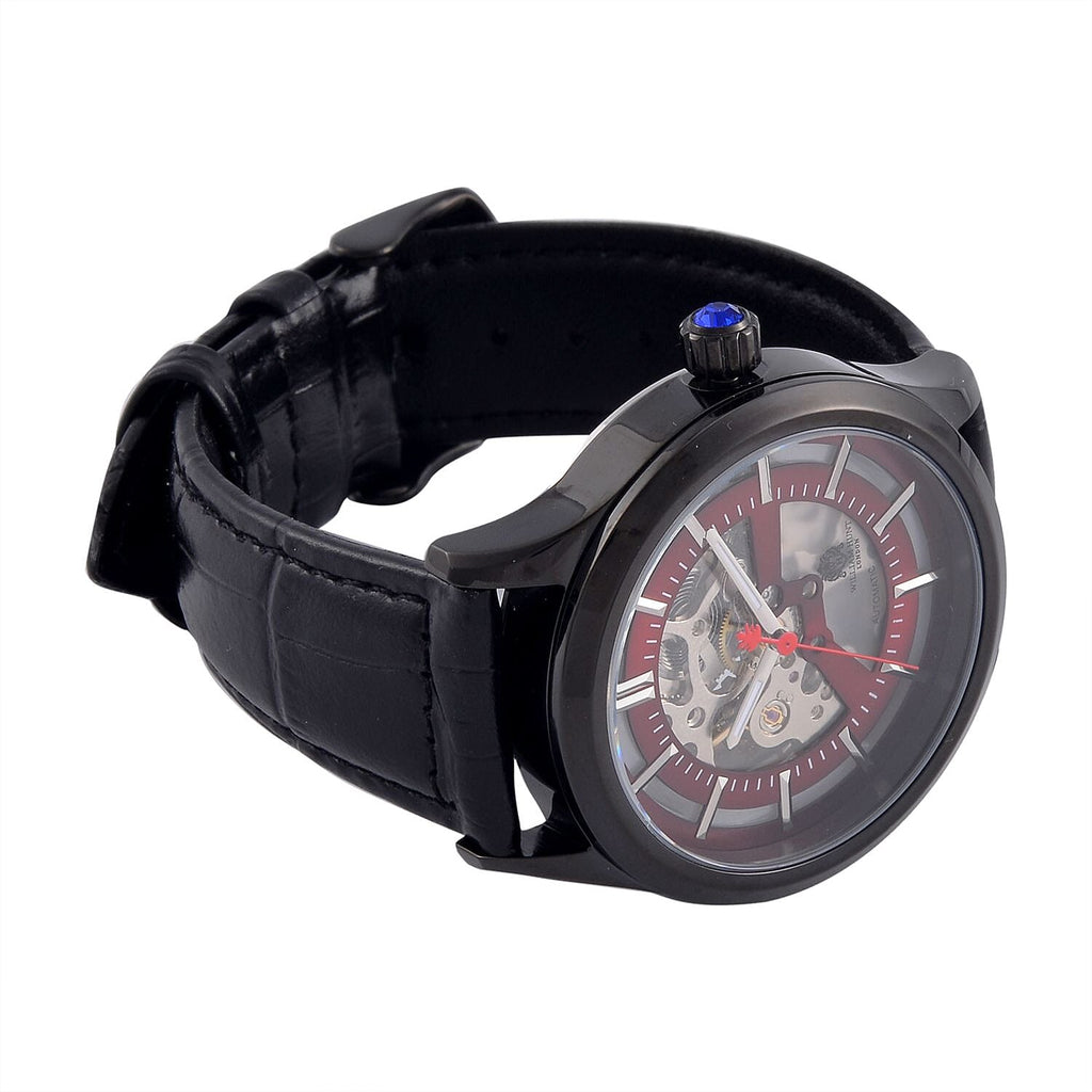 William Hunt Automatic Mechanical Movement Red Sunshine Dial 5 ATM Water Resistant Watch with Black Leather Strap