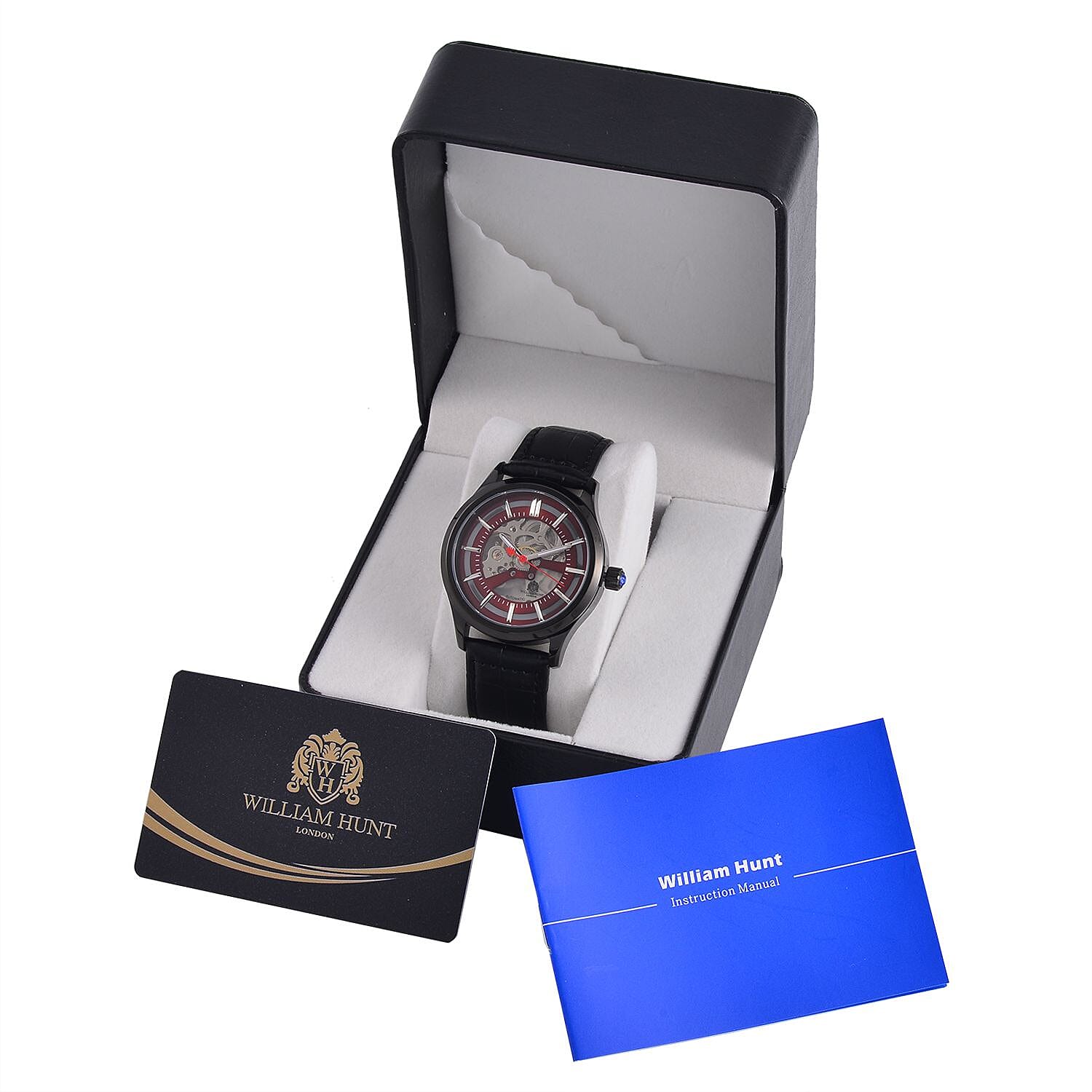William Hunt Automatic Mechanical Movement Red Sunshine Dial 5 ATM Water Resistant Watch with Black Leather Strap 7652934 8