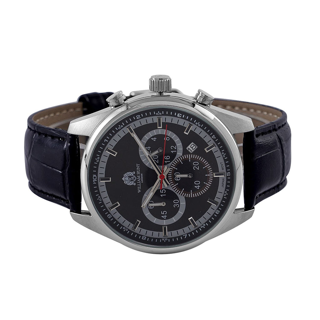 Limited Edition- William Hunt Designer Watch with Chronograph Leather Strap Water Resistant Black Dial