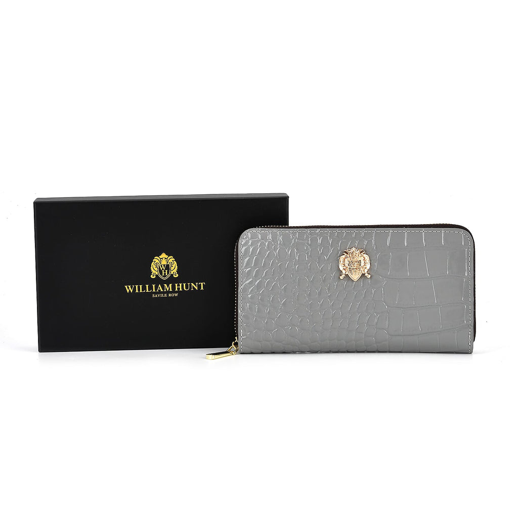 WILLIAM HUNT RFID Croc Embossed 100% Genuine Leather Wallet - Grey
