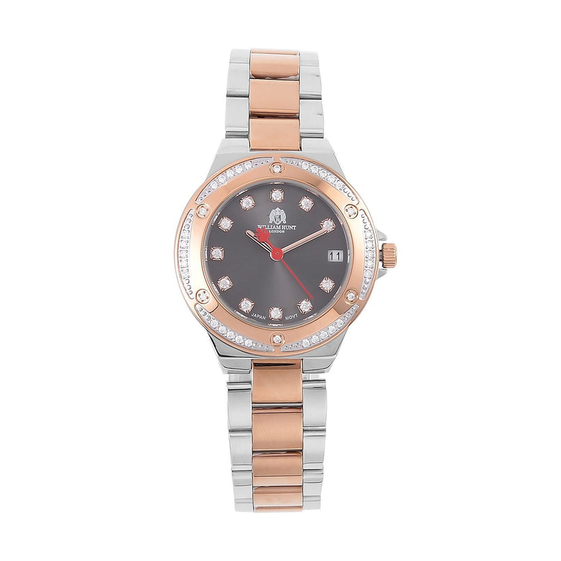 William Hunt Miyota Japanese Movement Moissanite Studded Black Dial Water Resistant Watch with Two-Tone Chain Strap