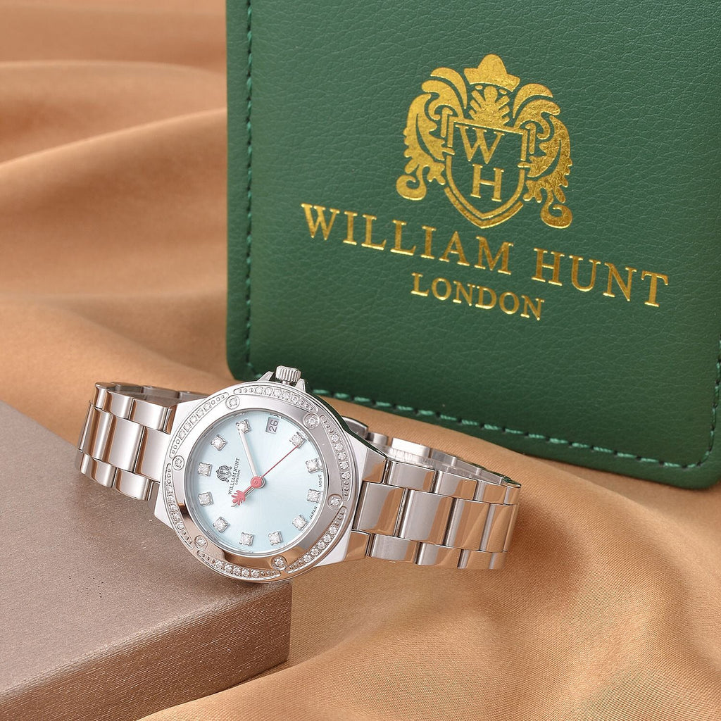 Limited Edition Exclusive William Hunt London Legacy Moissanite Watch With Japanese Miyota Movement, 5 ATM Water Resistance, Calendar Function Presented in a Gift Box - Blue