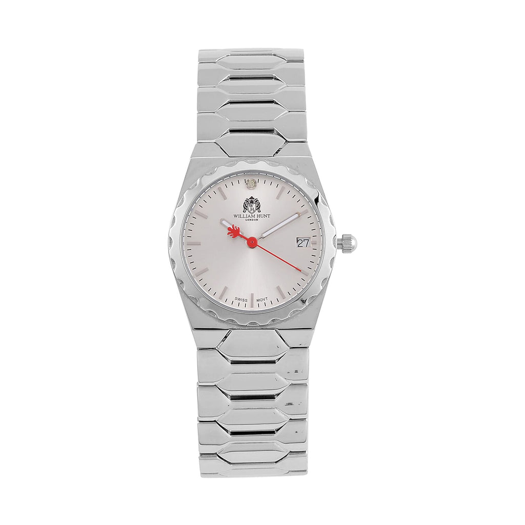 William Hunt Swiss Movement Diamond Studded Ladies Watch with White Dial and Silver and Silver Tone