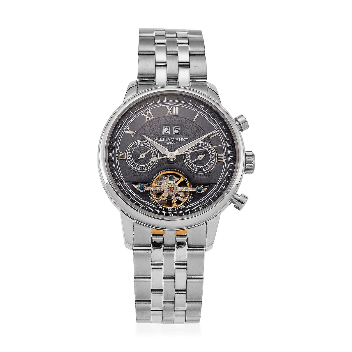 Limited Edition WILLIAM HUNT LONDON Automatic Movement 5 ATM Water Resistant Watch With Skeleton Display, Exhibition Back &amp; Bracelet Strap With Day, Date, Month Display Presented in a Gift Box 8319614 0
