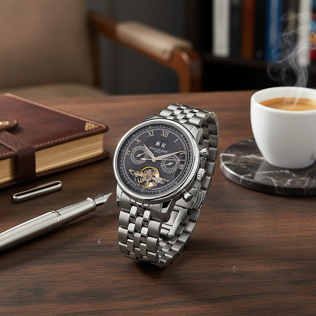 Limited Edition WILLIAM HUNT LONDON Automatic Movement 5 ATM Water Resistant Watch With Skeleton Display, Exhibition Back &amp; Bracelet Strap With Day, Date, Month Display Presented in a Gift Box 8319614 1
