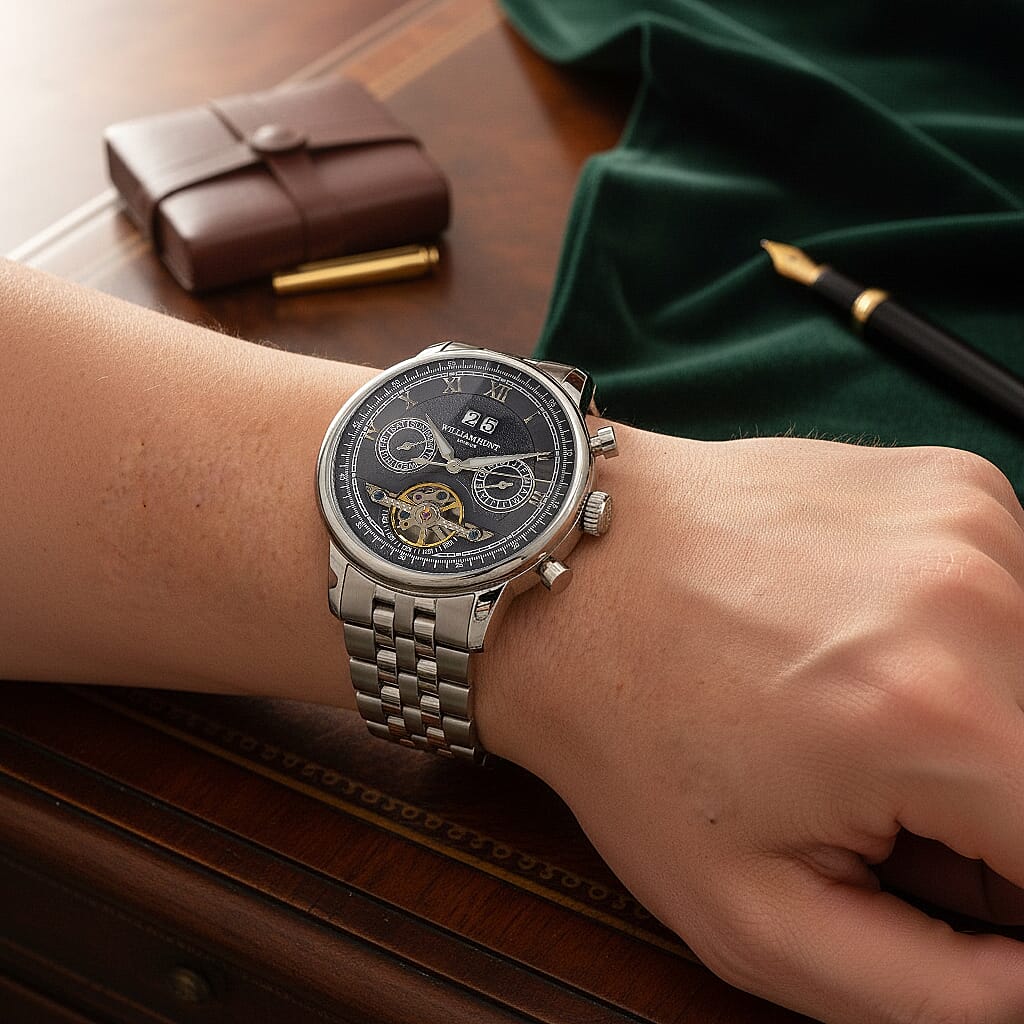 Limited Edition WILLIAM HUNT LONDON Automatic Movement 5 ATM Water Resistant Watch With Skeleton Display, Exhibition Back &amp; Bracelet Strap With Day, Date, Month Display Presented in a Gift Box 8319614 2
