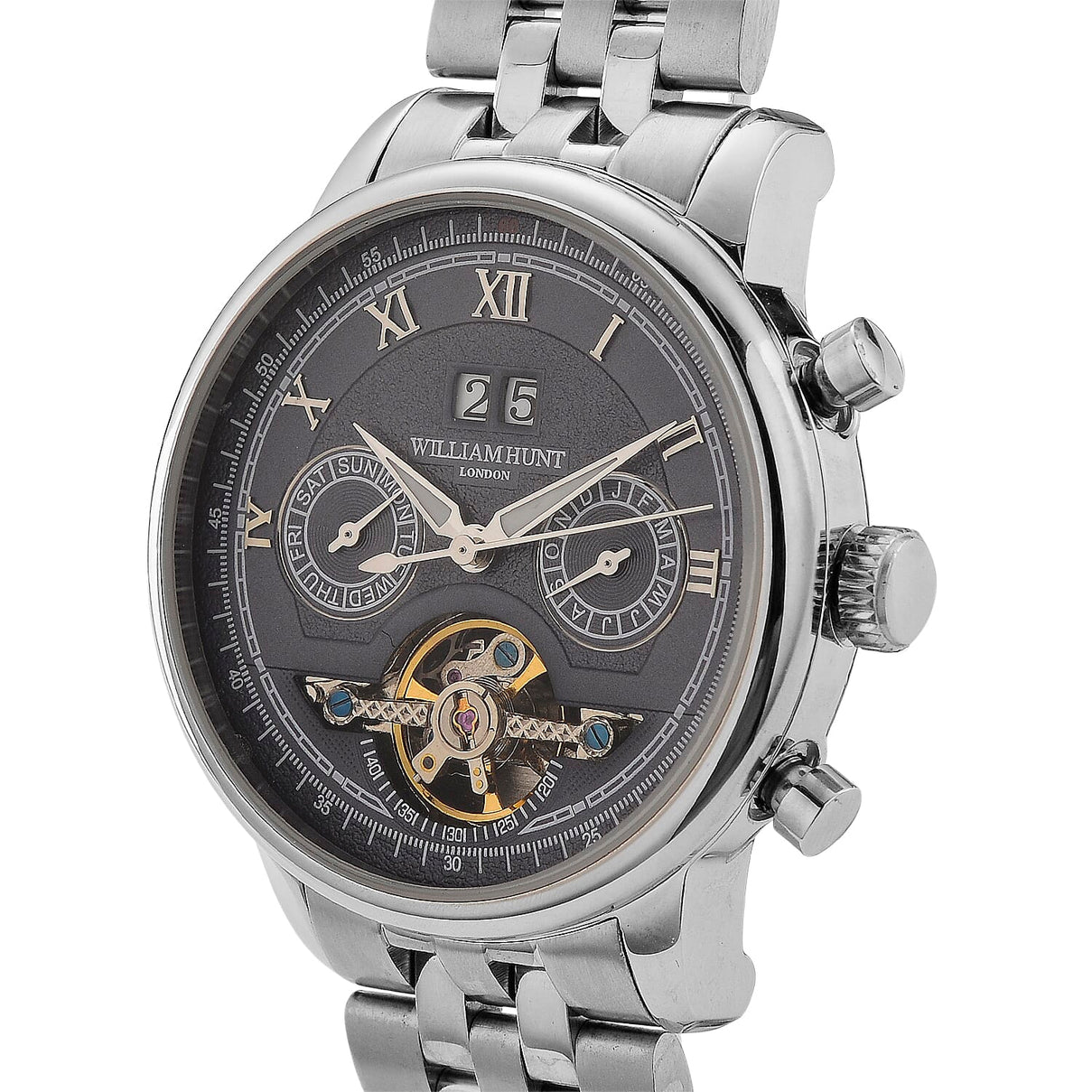Limited Edition WILLIAM HUNT LONDON Automatic Movement 5 ATM Water Resistant Watch With Skeleton Display, Exhibition Back &amp; Bracelet Strap With Day, Date, Month Display Presented in a Gift Box 8319614 3