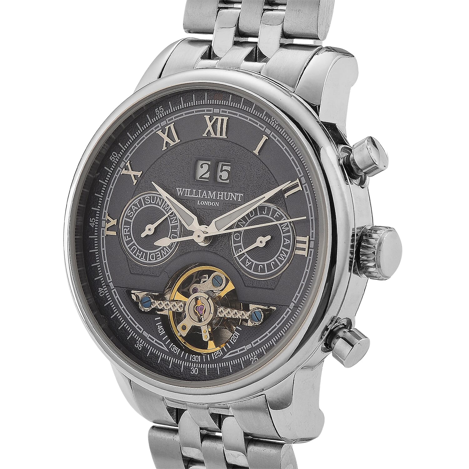 Limited Edition WILLIAM HUNT LONDON Automatic Movement 5 ATM Water Resistant Watch With Skeleton Display, Exhibition Back &amp; Bracelet Strap With Day, Date, Month Display Presented in a Gift Box 8319614 3