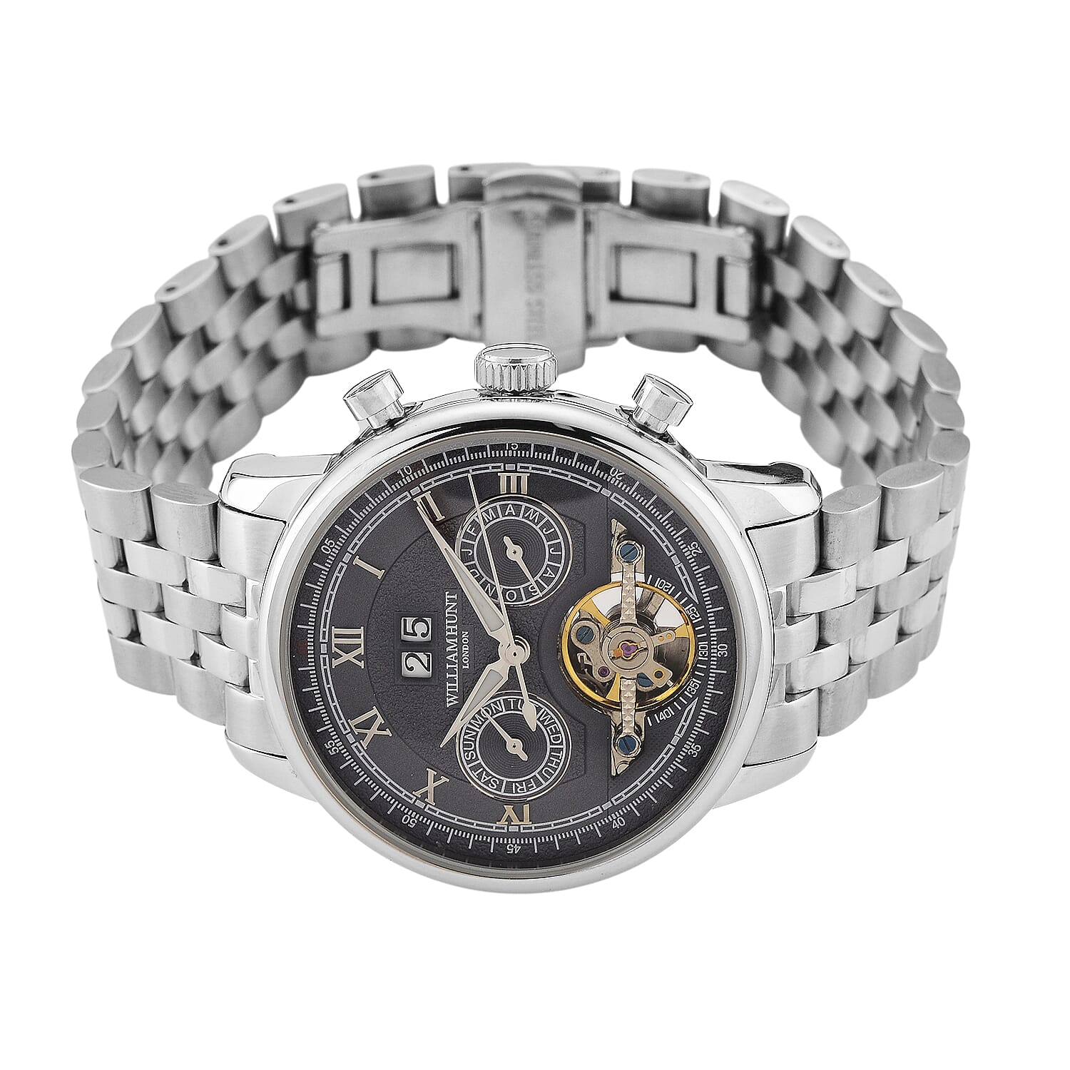 Limited Edition WILLIAM HUNT LONDON Automatic Movement 5 ATM Water Resistant Watch With Skeleton Display, Exhibition Back &amp; Bracelet Strap With Day, Date, Month Display Presented in a Gift Box 8319614 4
