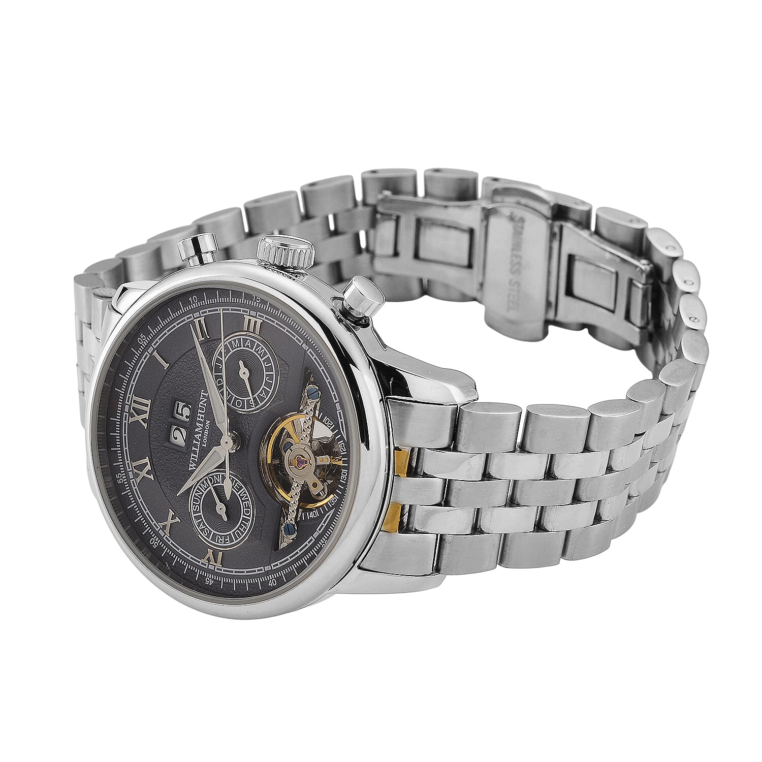 Limited Edition WILLIAM HUNT LONDON Automatic Movement 5 ATM Water Resistant Watch With Skeleton Display, Exhibition Back &amp; Bracelet Strap With Day, Date, Month Display Presented in a Gift Box 8319614 5