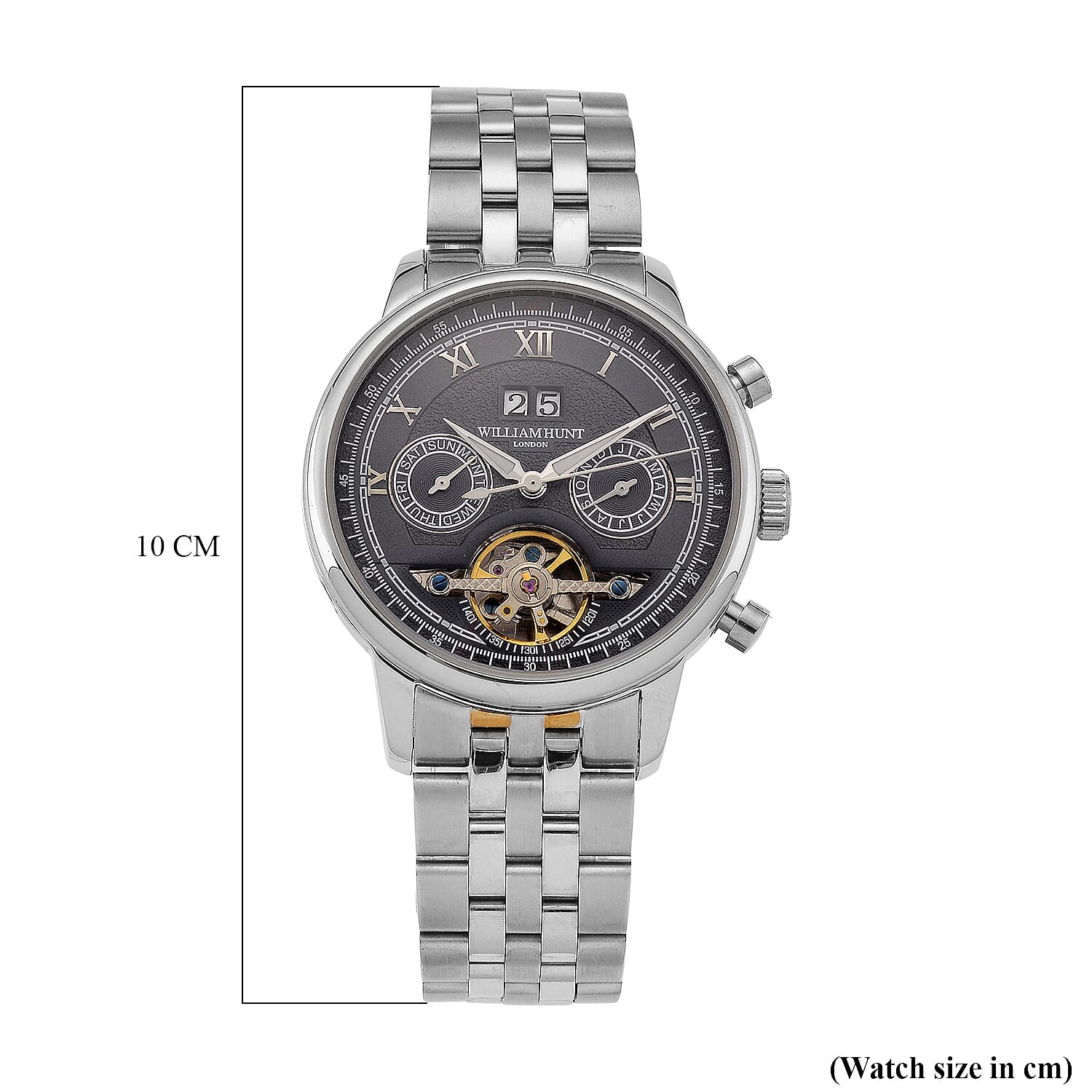 Limited Edition WILLIAM HUNT LONDON Automatic Movement 5 ATM Water Resistant Watch With Skeleton Display, Exhibition Back &amp; Bracelet Strap With Day, Date, Month Display Presented in a Gift Box 8319614 7