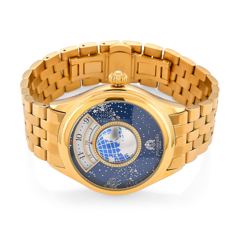 William Hunt Limited Edition Celestial Constellation Automatic Movt Watch With Rotating Globe 3ATM Water Resistancy Presented in a Gift Box - Gold Blue