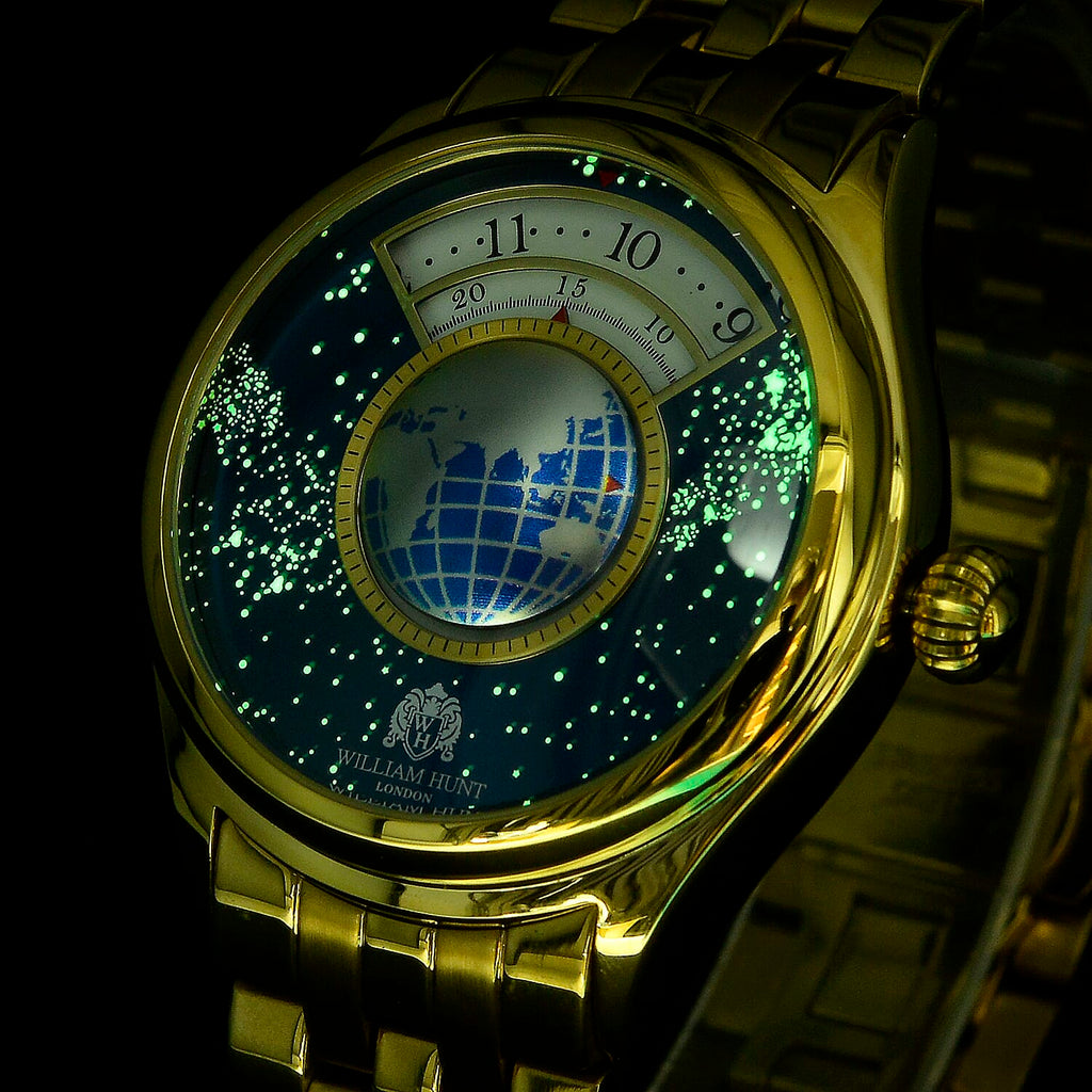 William Hunt Limited Edition Celestial Constellation Automatic Movt Watch With Rotating Globe 3ATM Water Resistancy Presented in a Gift Box - Gold Blue