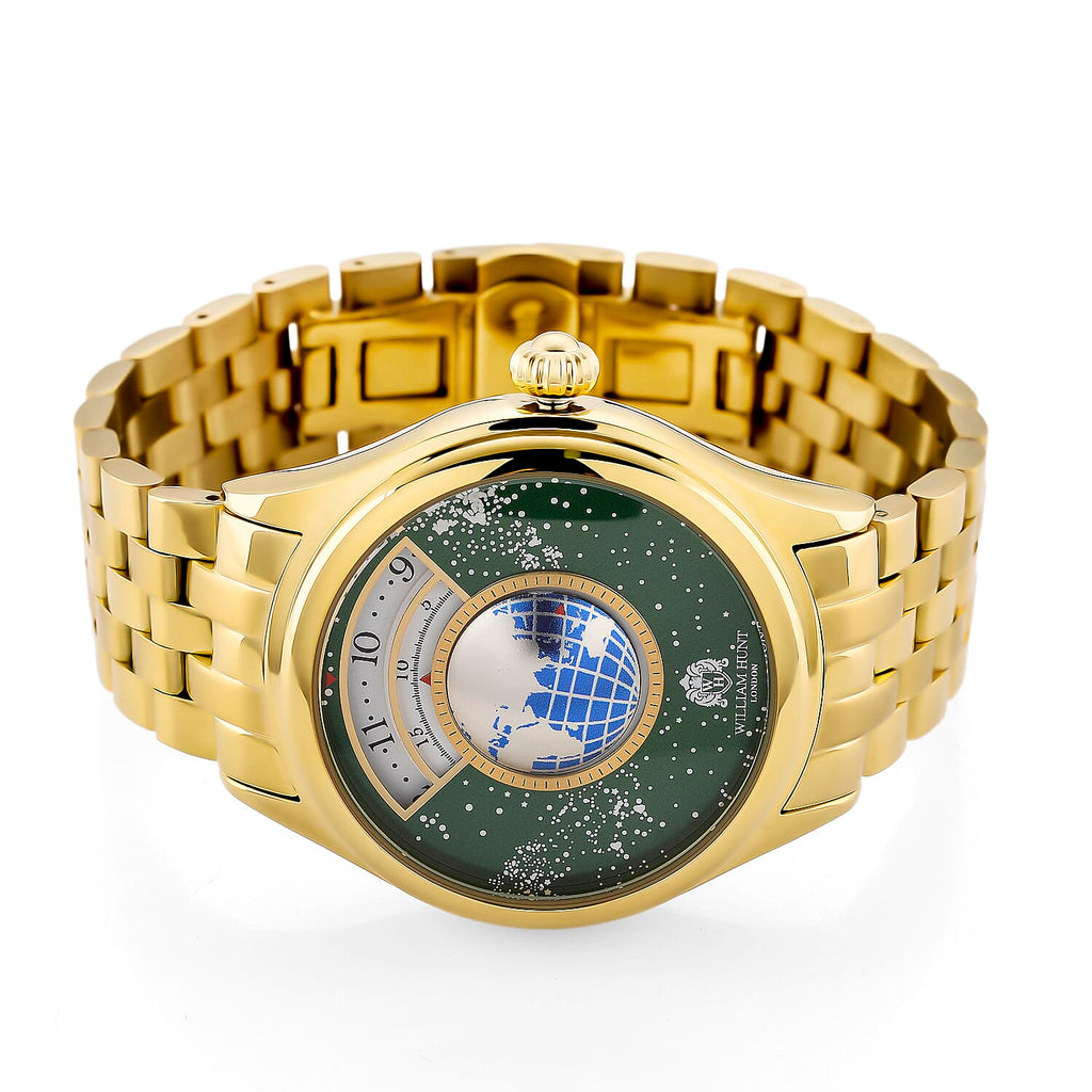 William Hunt Limited Edition Celestial Constellation Automatic Movt Watch With Rotating Globe 3ATM Water Resistancy Presented in a Gift Box - Gold Green