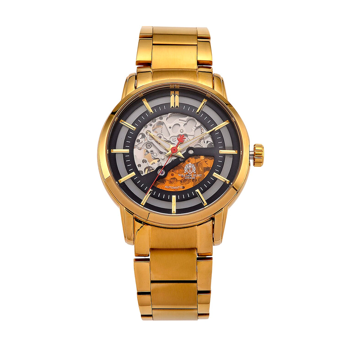 William Hunt London Limited Edition Automatic Movt. 5 ATM WR Grey Skeleton Dial (42mm) Mens Watch With Gold Stainless Steel Strap and Butterfly Buckle Clasp V32648983 0