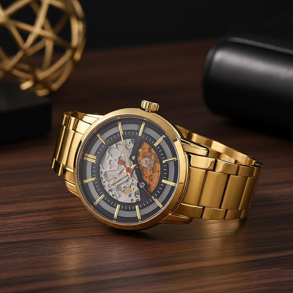 William Hunt London Limited Edition Automatic Skeleton Watch With 5 ATM Water Resistancy, Exhibition Back and Butterfly Buckle Clasp - 42MM Dial - Gold