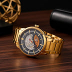 William Hunt London Limited Edition Automatic Skeleton Watch With 5 ATM Water Resistancy, Exhibition Back and Butterfly Buckle Clasp - 42MM Dial - Gold