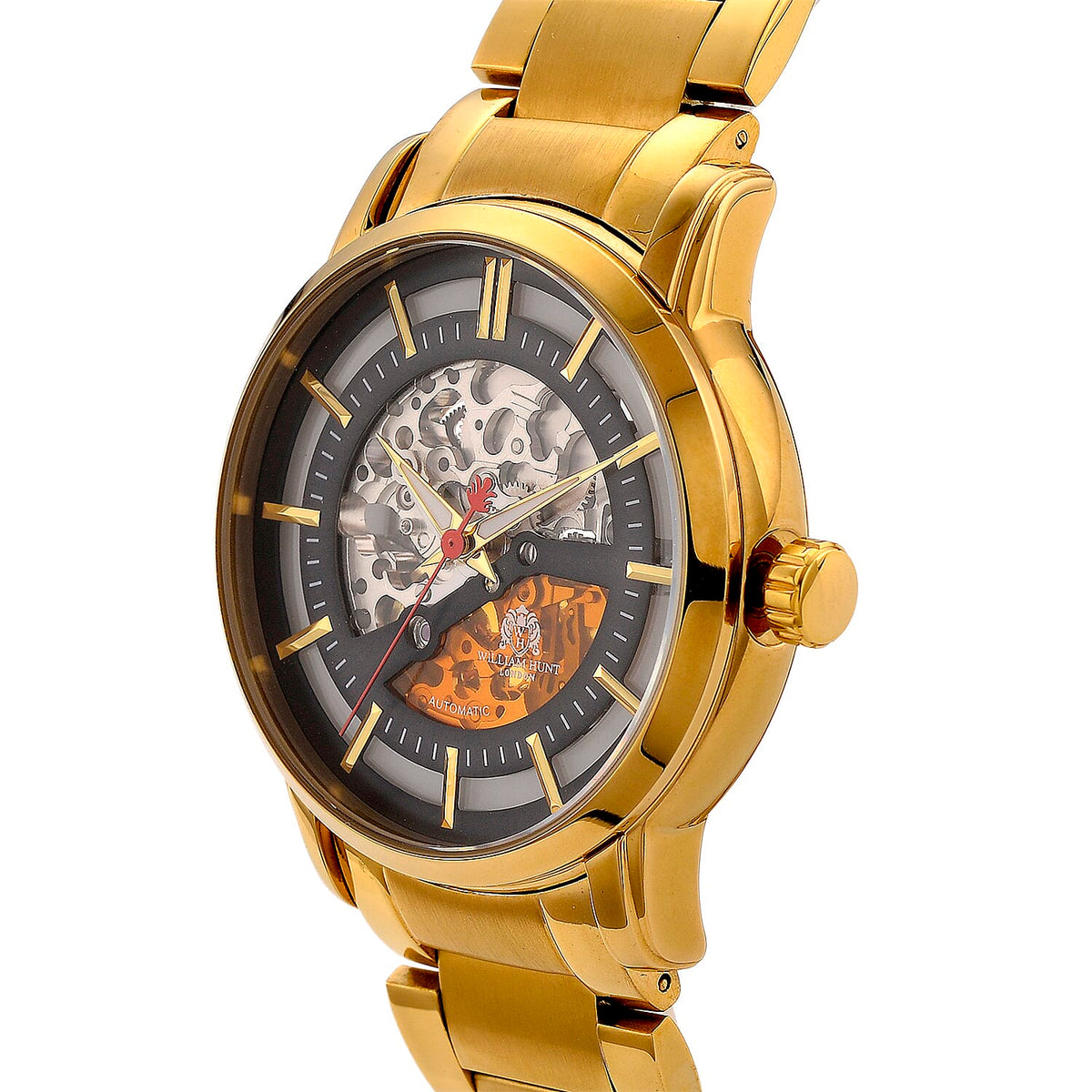 William Hunt London Limited Edition Automatic Movt. 5 ATM WR Grey Skeleton Dial (42mm) Mens Watch With Gold Stainless Steel Strap and Butterfly Buckle Clasp V32648983 4