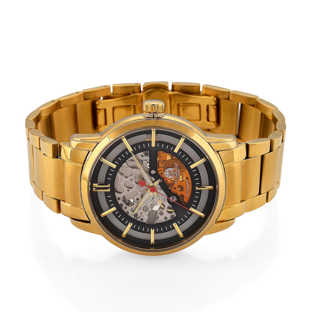 William Hunt London Limited Edition Automatic Movt. 5 ATM WR Grey Skeleton Dial (42mm) Mens Watch With Gold Stainless Steel Strap and Butterfly Buckle Clasp V32648983 5