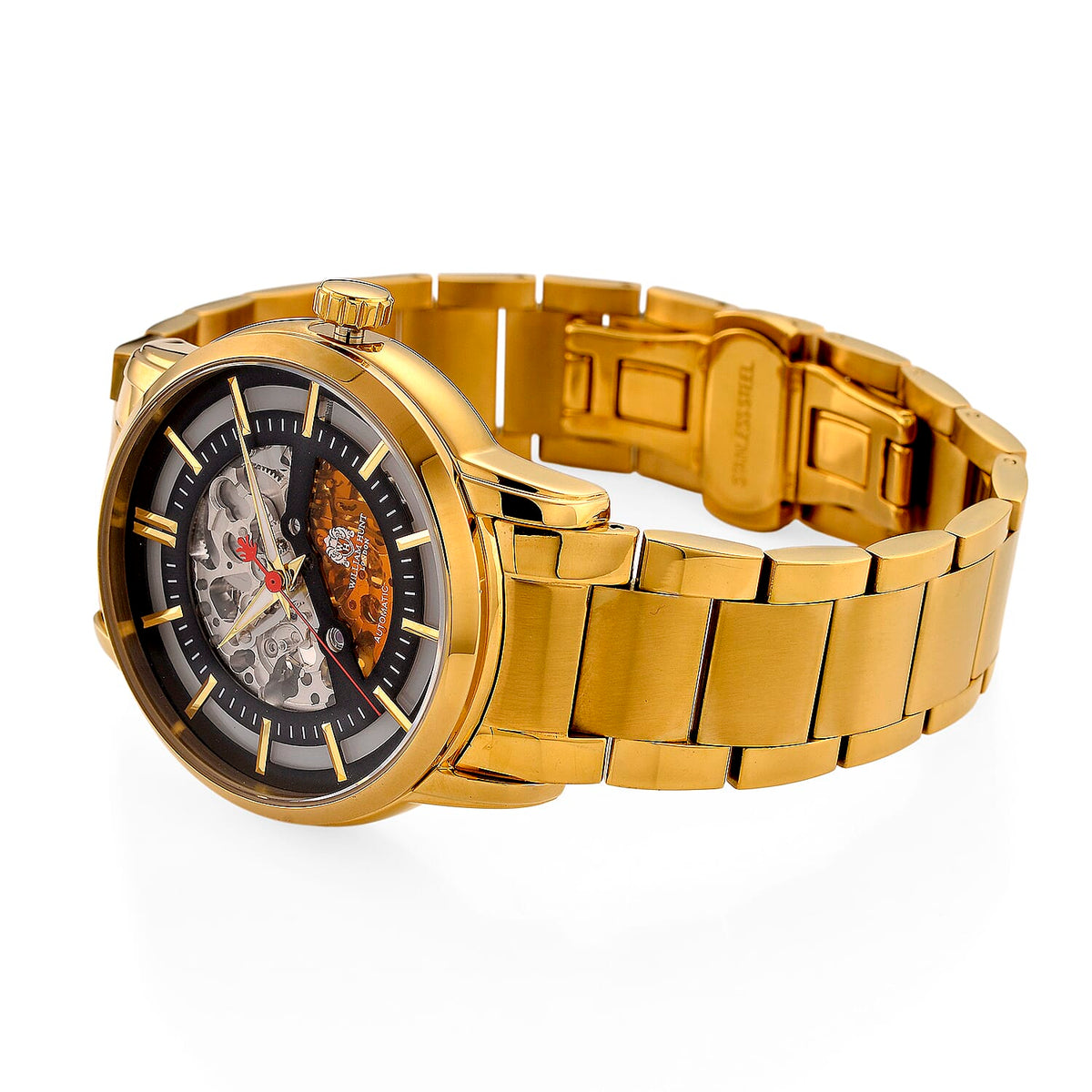 William Hunt London Limited Edition Automatic Movt. 5 ATM WR Grey Skeleton Dial (42mm) Mens Watch With Gold Stainless Steel Strap and Butterfly Buckle Clasp V32648983 6