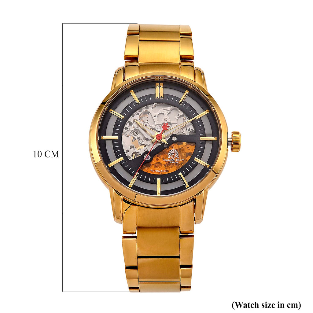 William Hunt London Limited Edition Automatic Skeleton Watch With 5 ATM Water Resistancy, Exhibition Back and Butterfly Buckle Clasp - 42MM Dial - Gold