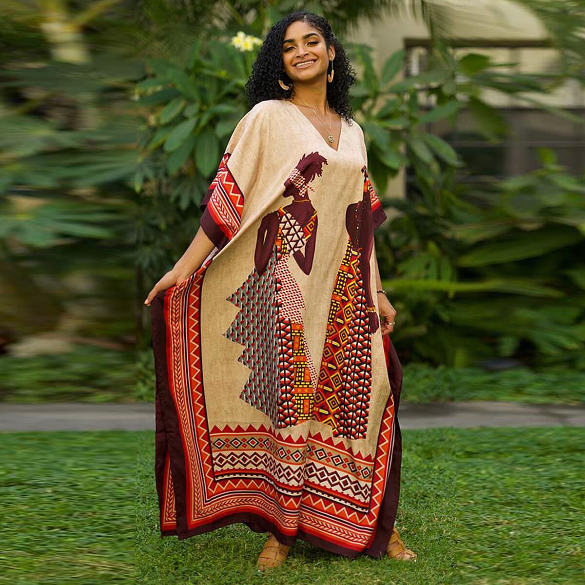 Winlar Afrocentric Figure Print Long V-Neck Red and Beige Kaftan (One Size) 6317103 0