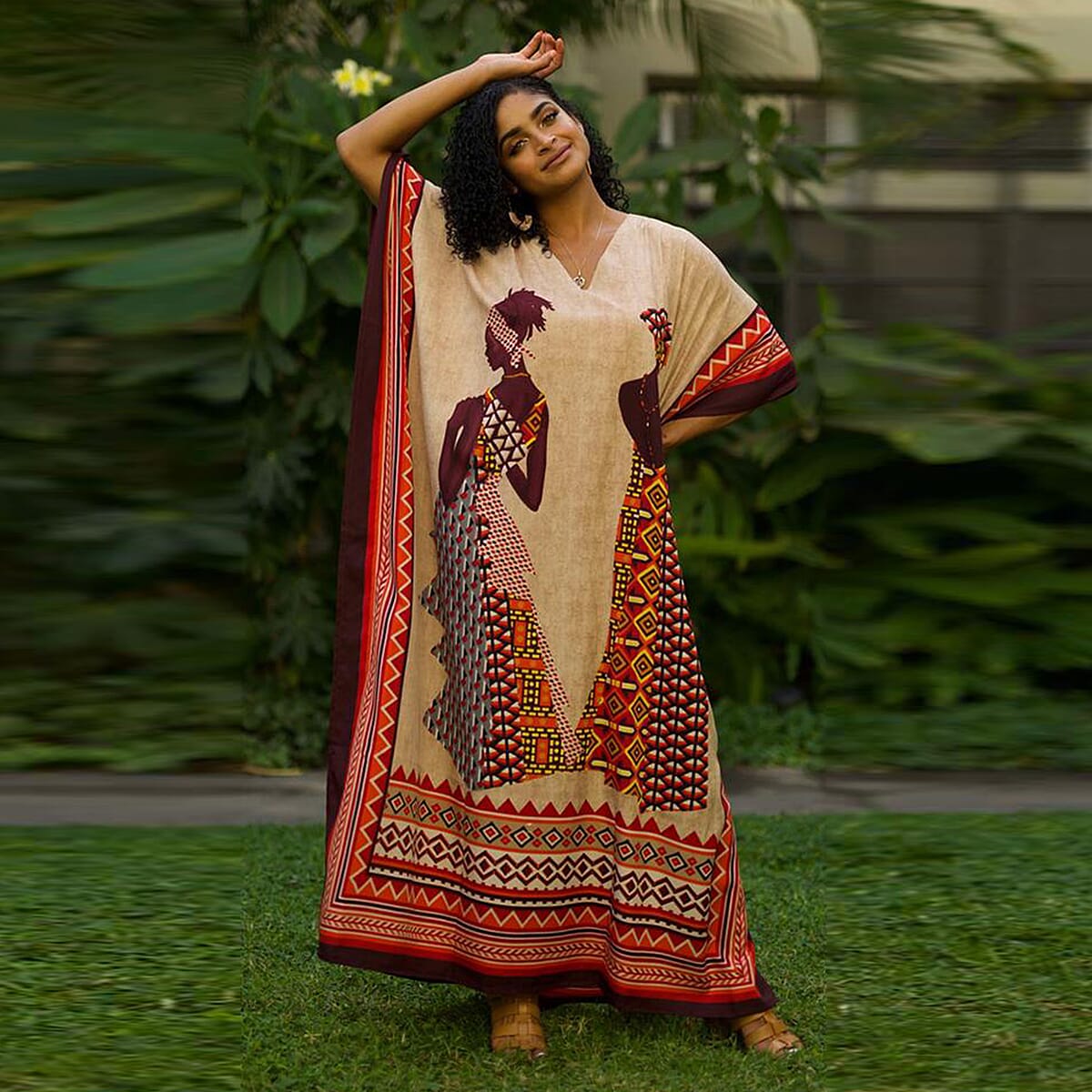 Winlar Afrocentric Figure Print Long V-Neck Red and Beige Kaftan (One Size) 6317103 1