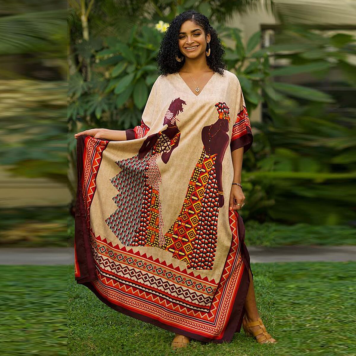Winlar Afrocentric Figure Print Long V-Neck Red and Beige Kaftan (One Size) 6317103 2