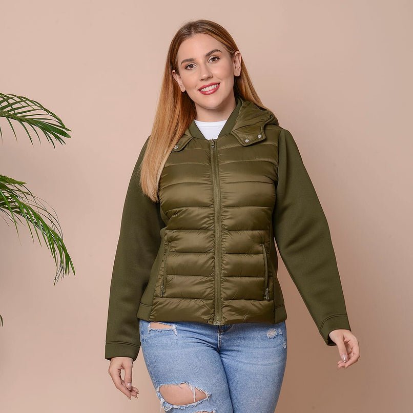 Winter Puffer Jacket with Hoodie in Olive Green (Size- L, 18-20)