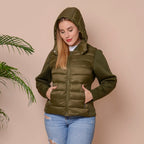 Winter Puffer Jacket with Hoodie in Olive Green (Size- L, 18-20)