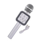 Wireless Bluetooth Karaoke Microphone with LED Lights and USB Charger - Silver