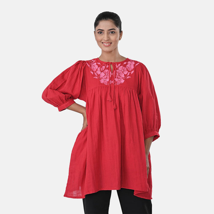 Womens Embroidered Cotton Double Gauze Relaxed Fit Tunic Top 8134031 2
