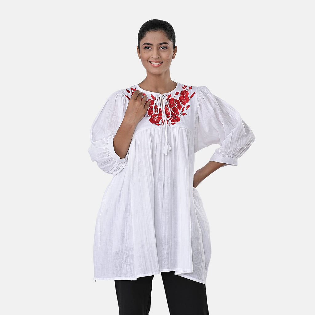 Womens Embroidered Cotton Double Gauze Relaxed Fit Tunic Top (Size L) - White