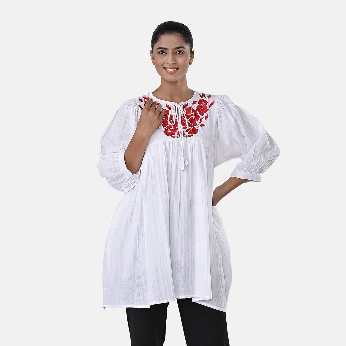 Womens Embroidered Cotton Double Gauze Relaxed Fit Tunic Top 8134031 1