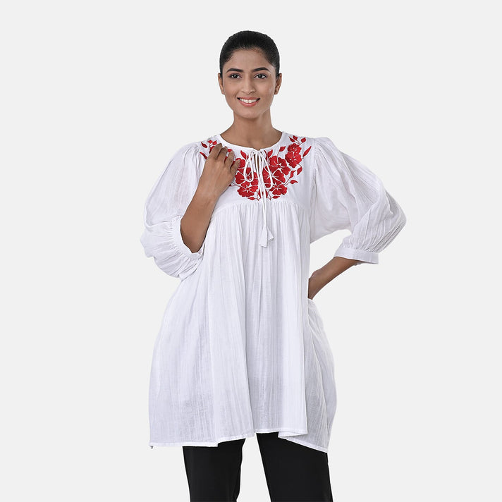 Womens Embroidered Cotton Double Gauze Relaxed Fit Tunic Top 8134031 2