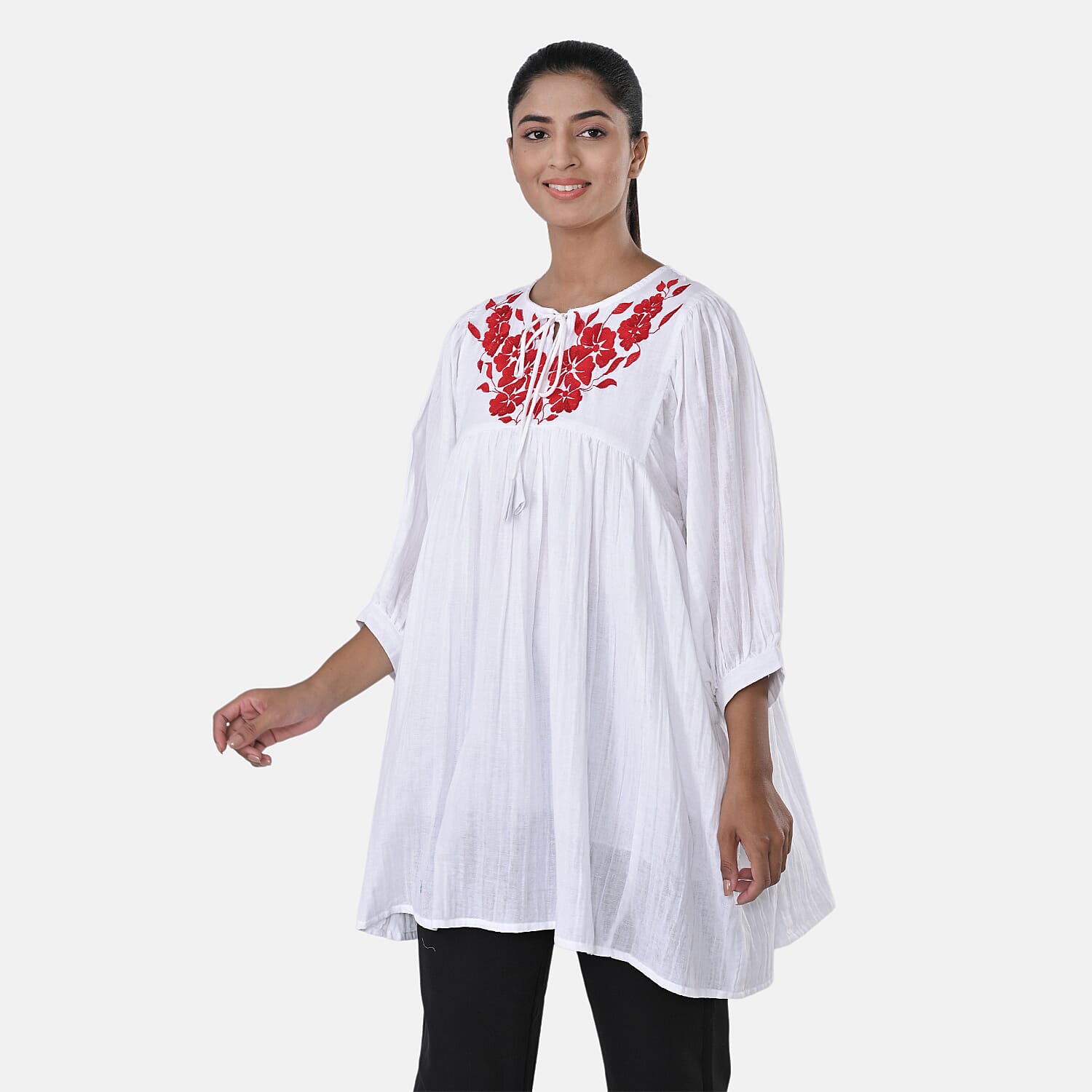 Womens Embroidered Cotton Double Gauze Relaxed Fit Tunic Top 8134031 2