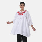 Womens Embroidered Cotton Double Gauze Relaxed Fit Tunic Top (Size L) - White