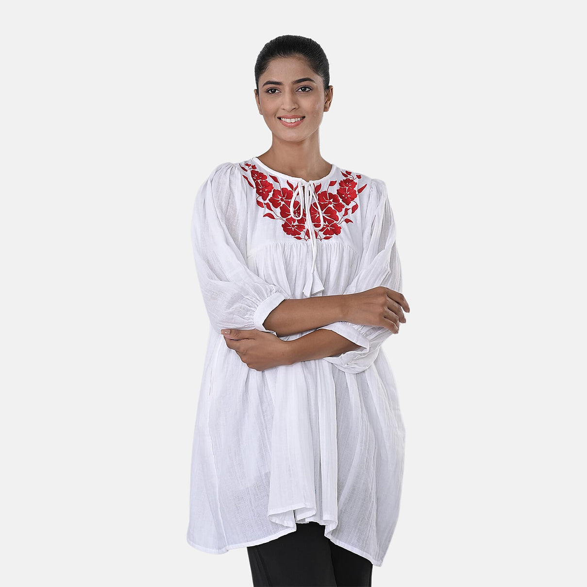 Womens Embroidered Cotton Double Gauze Relaxed Fit Tunic Top 8134031 4