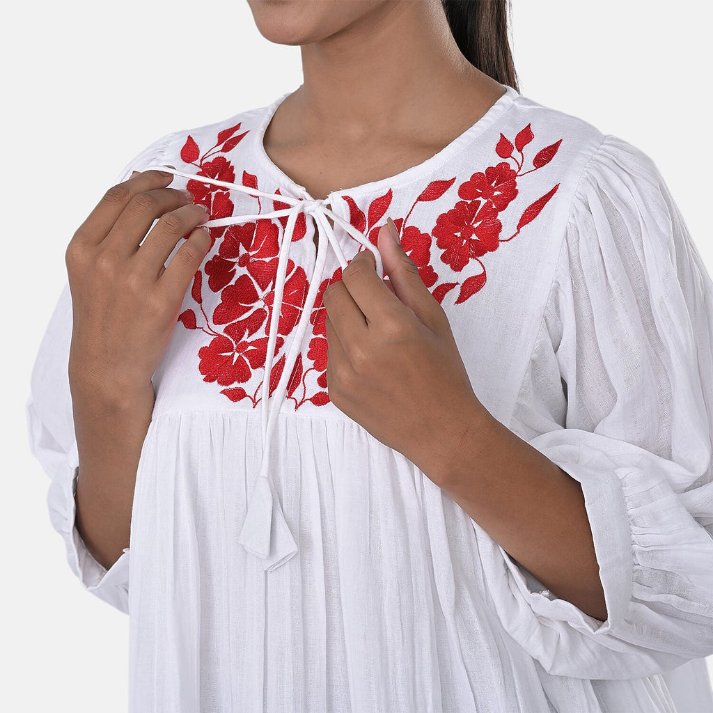 Womens Embroidered Cotton Double Gauze Relaxed Fit Tunic Top (Size L) - White