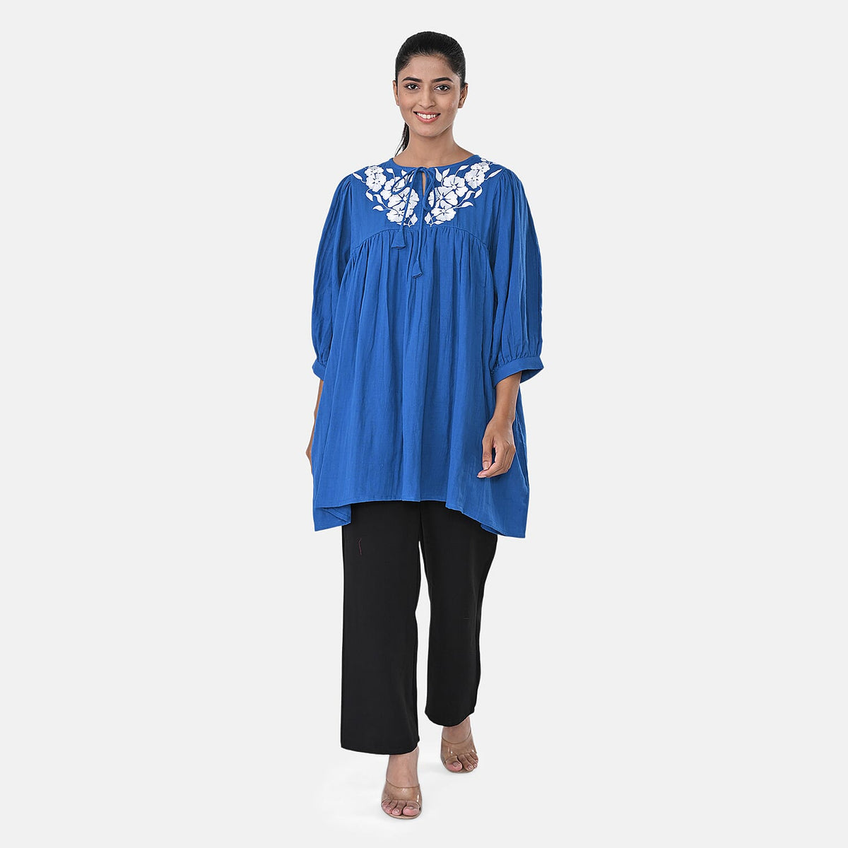 Womens Embroidered Cotton Double Gauze Relaxed Fit Tunic Top V32702372 0