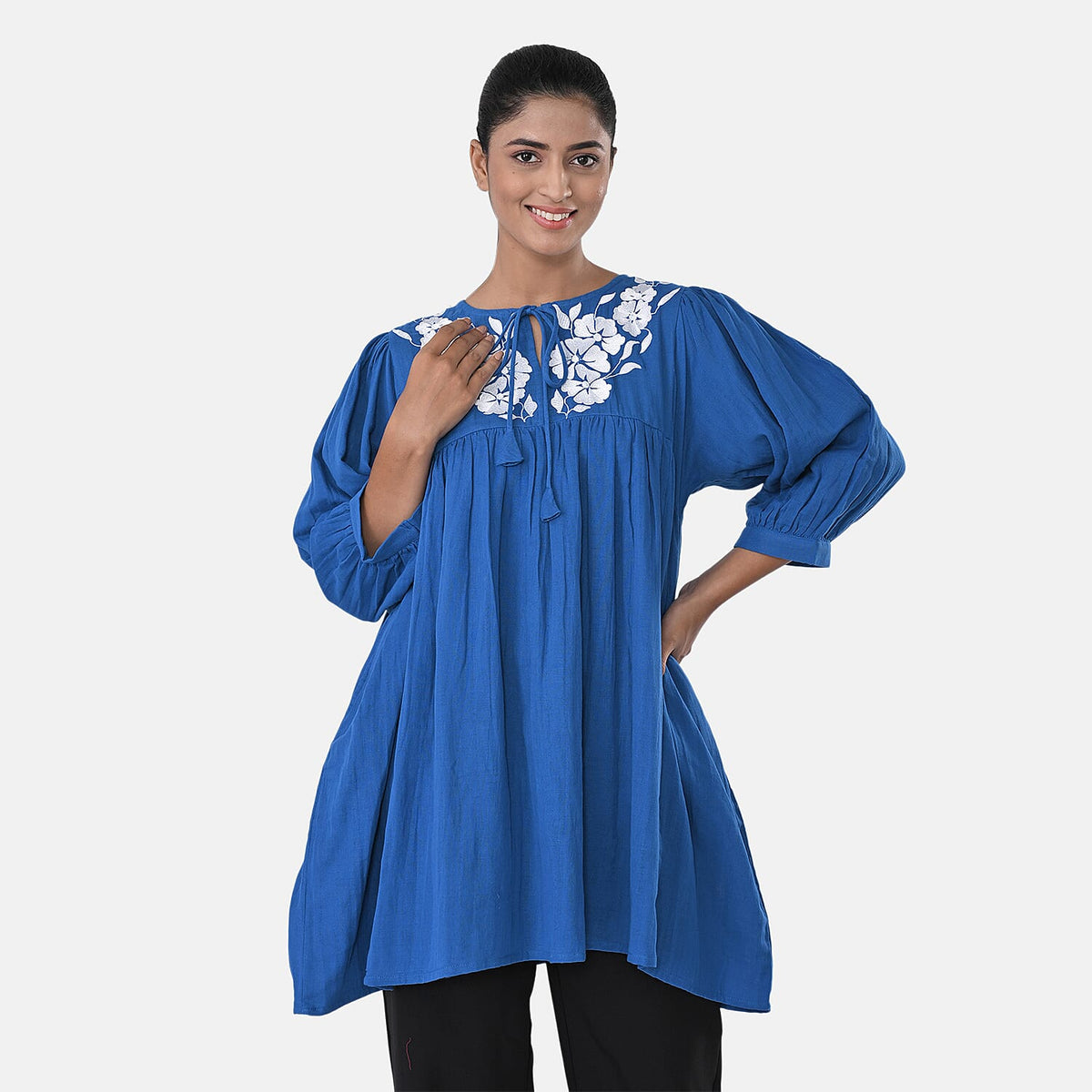 Womens Embroidered Cotton Double Gauze Relaxed Fit Tunic Top V32702372 2