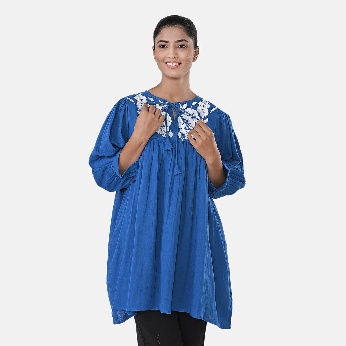 Womens Embroidered Cotton Double Gauze Relaxed Fit Tunic Top V32702372 4