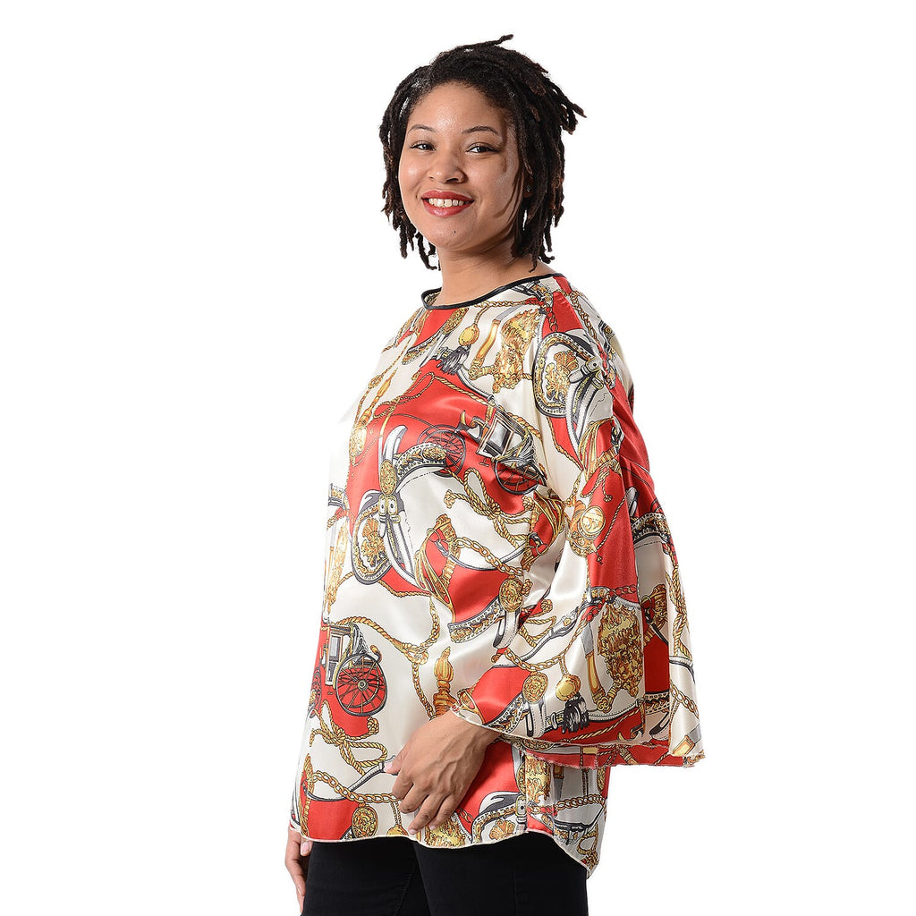 Stylish Abstract Pattern Bell Long Sleeves Women Top (One Size,8-16) - Cream - Red