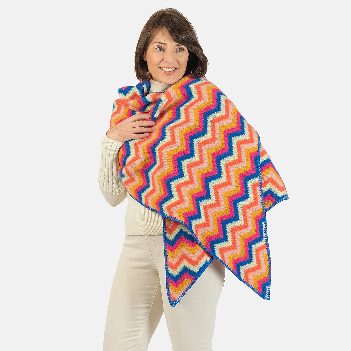 Wool Blend Bright Chevron Print Knitted Scarf - Rainbow 7712765 1