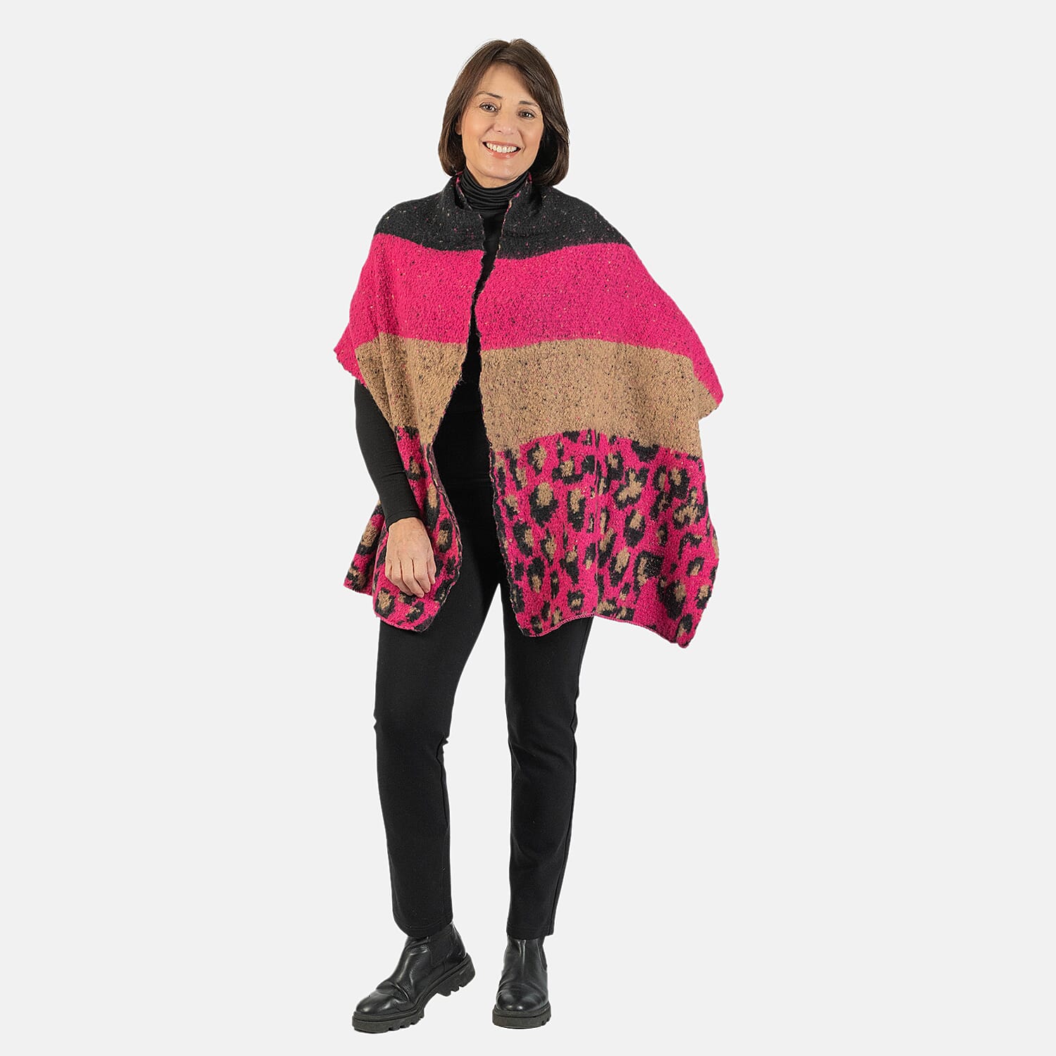 Wool Blend Leopard Print Stripe Knitted Scarf - Fuchsia Pink 7712775 0