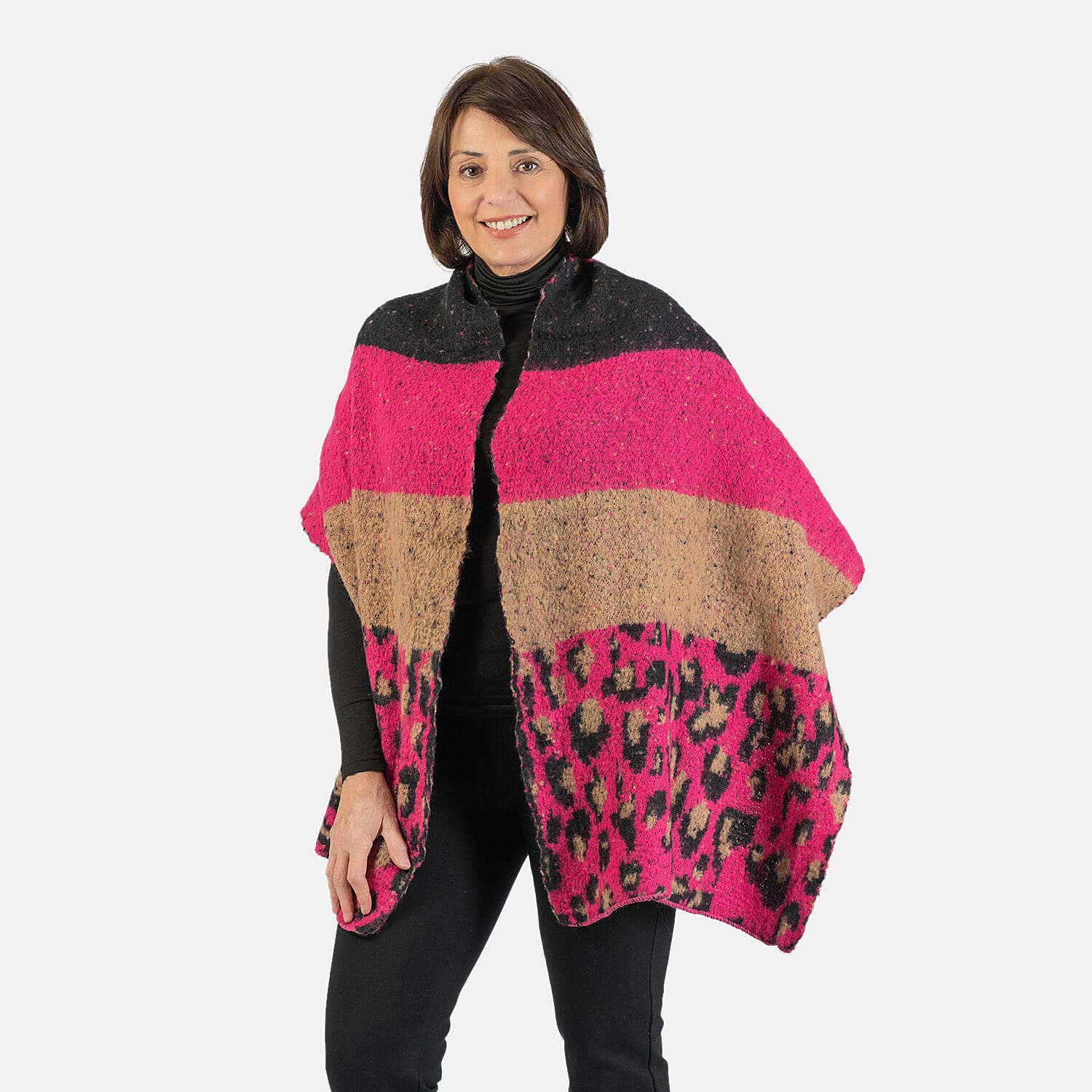 Wool Blend Leopard Print Stripe Knitted Scarf - Fuchsia Pink 7712775 1