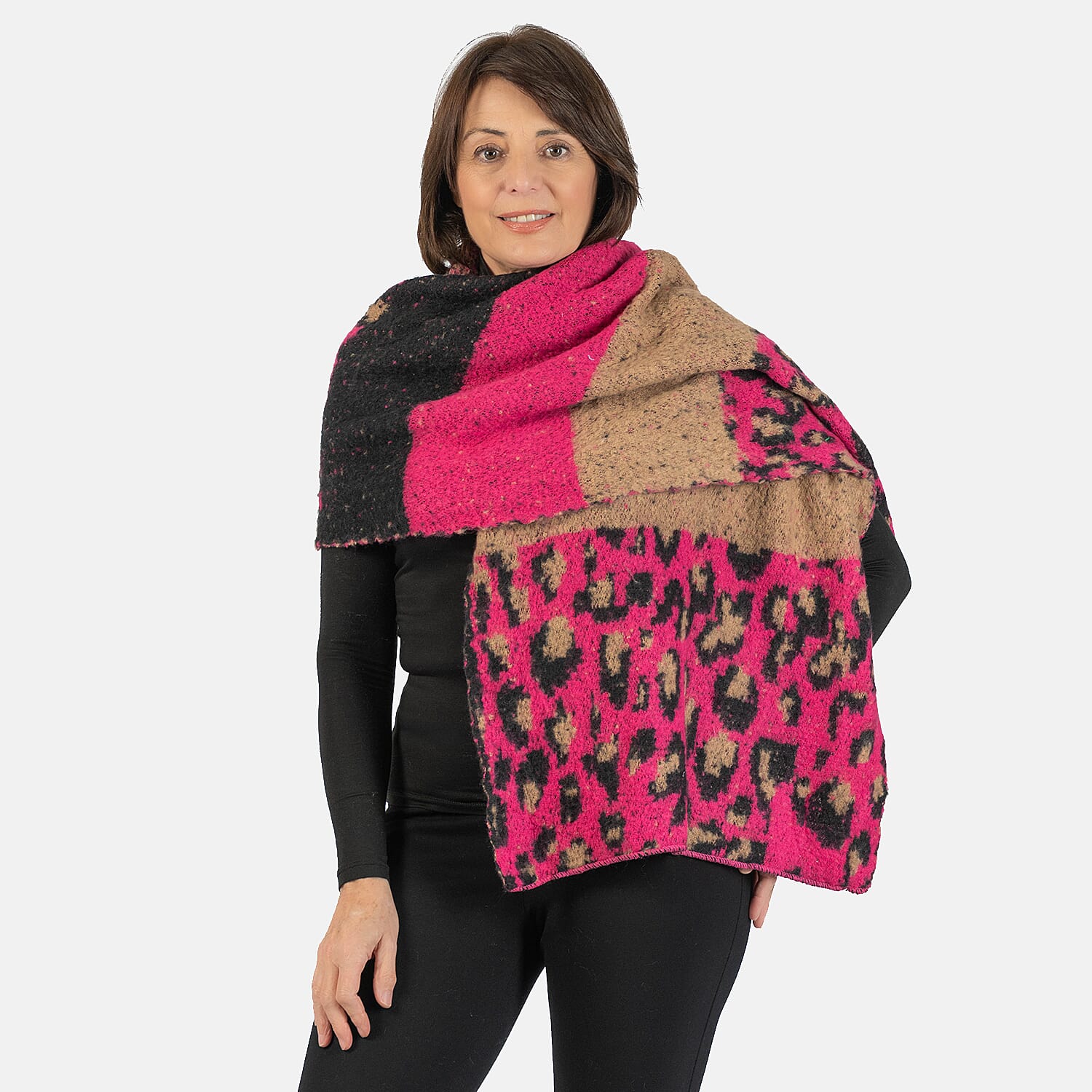 Wool Blend Leopard Print Stripe Knitted Scarf - Fuchsia Pink 7712775 2