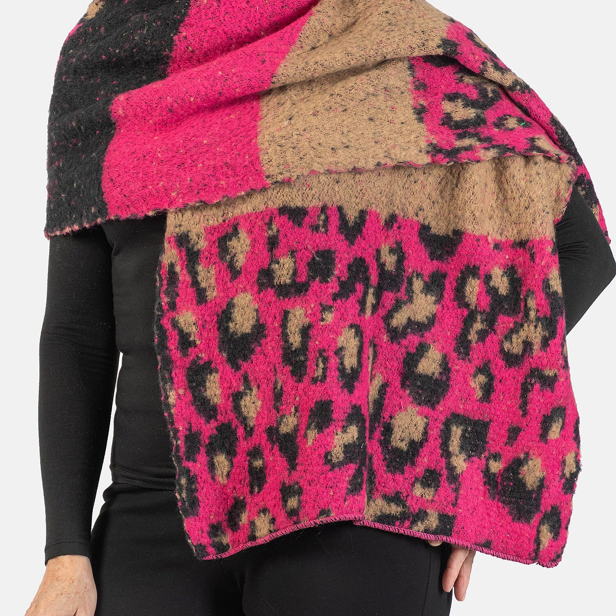 Wool Blend Leopard Print Stripe Knitted Scarf - Fuchsia Pink 7712775 3