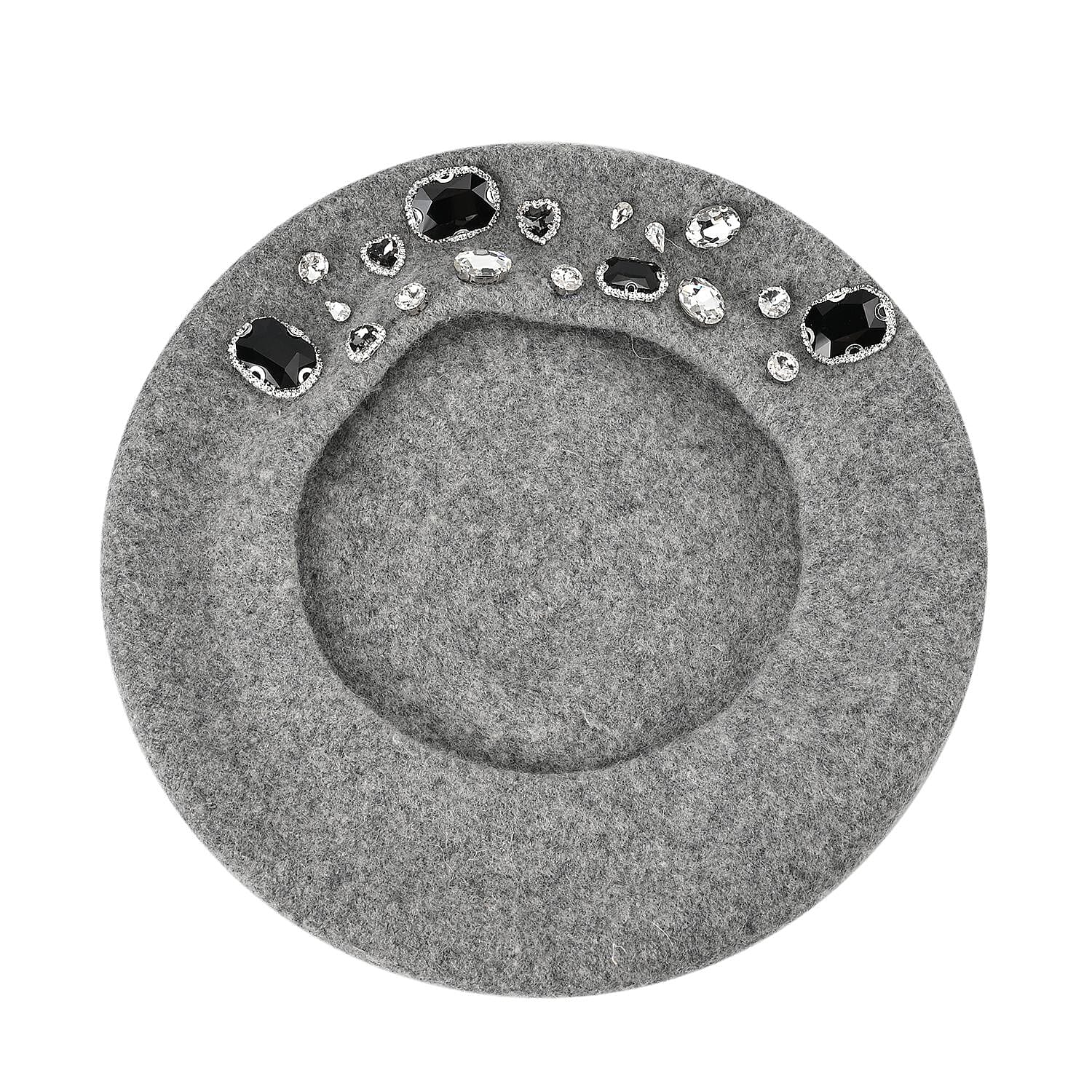 French Style Woollen Beret With Crystals - Grey 7648634 5