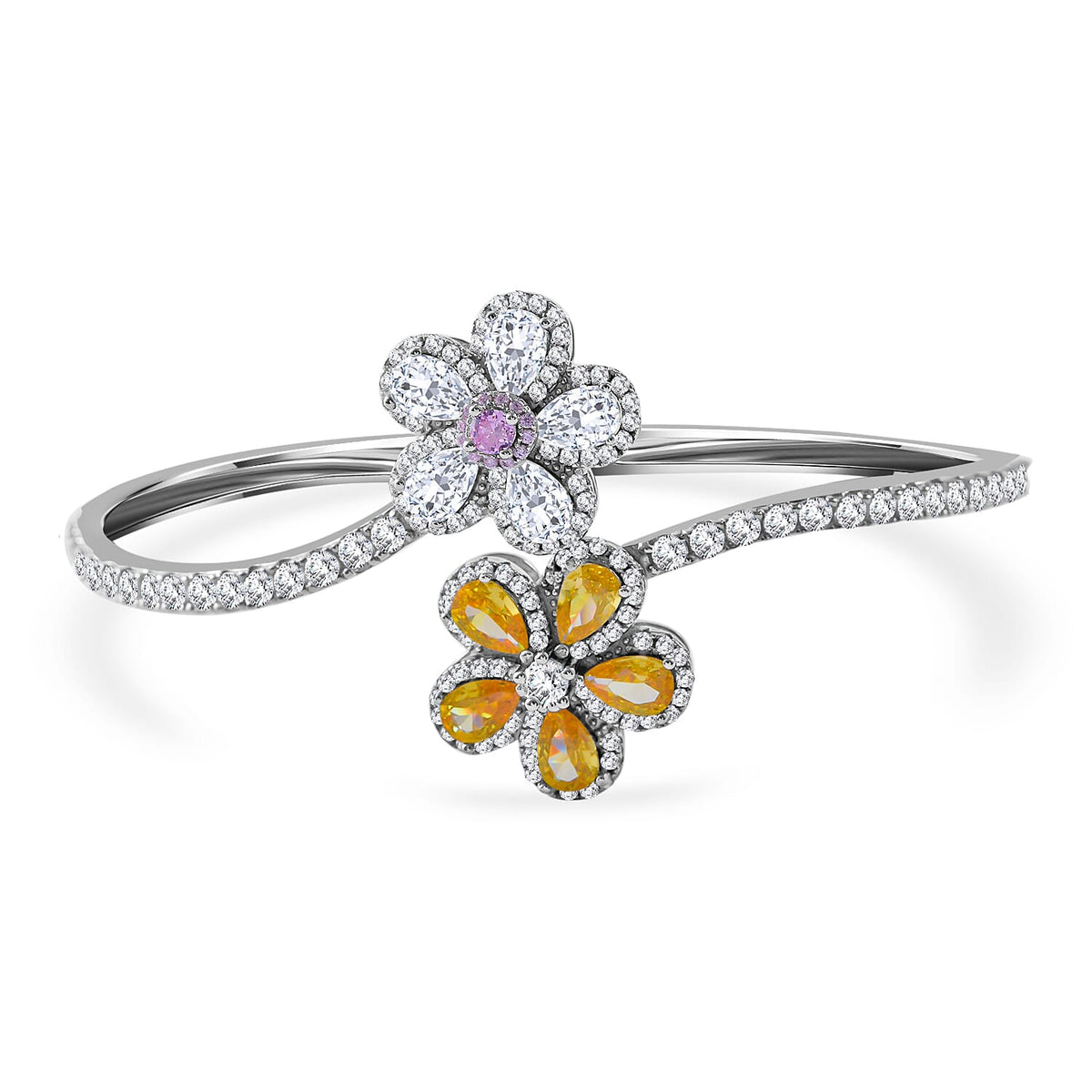 Lustro Stella - Yellow, Pink &amp; White Cubic Zirconia Bypass Floral Bangle (Size 7.5) in Rhodium Overlay Sterling Silver , Silver Wt. 16.90 Gms 7698180 0
